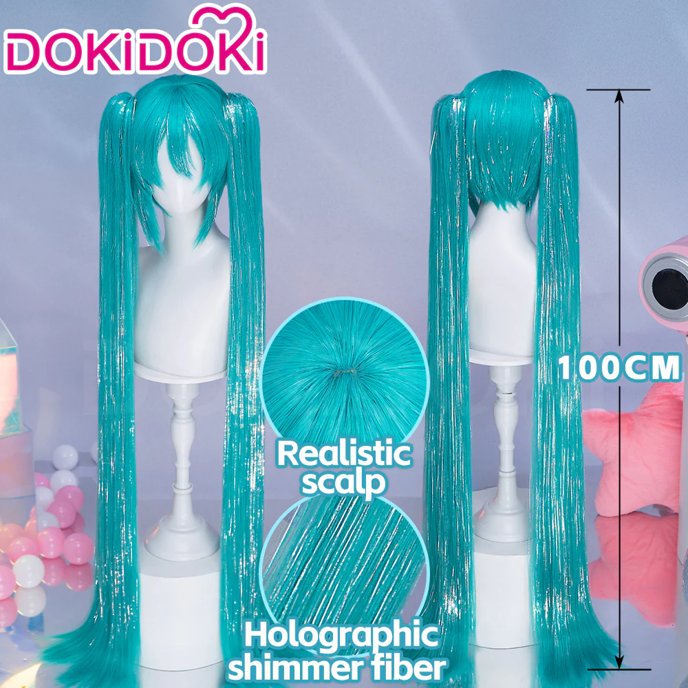 【Holographic Shimmer Fiber】【100 CM】DokiDoki Cosplay Wig Long Straight Green Blue Hair Twin Tails - Image 7
