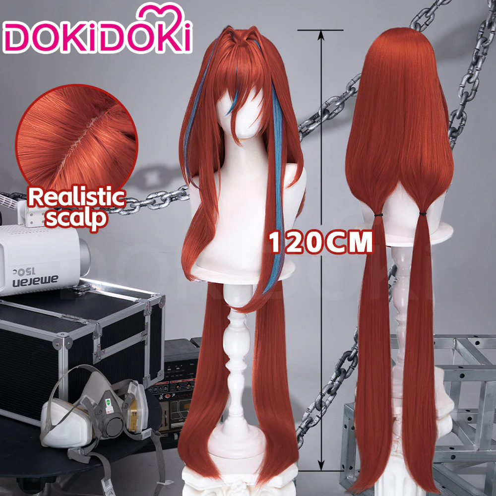 【120 CM】DokiDoki Game Arknights: Endfield Cosplay Ember Wig Long Straight Red Blue Highlights Hair Twin Ponytail