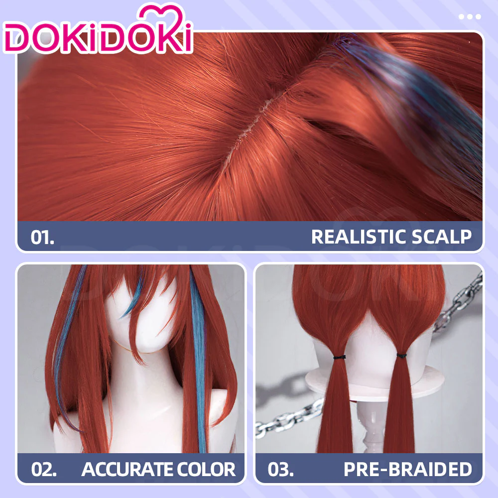 【120 CM】DokiDoki Game Arknights: Endfield Cosplay Ember Wig Long Straight Red Blue Highlights Hair Twin Ponytail - Image 4