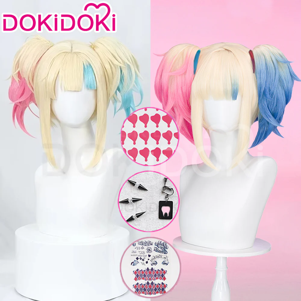 【Ready For Ship】DokiDok Anime Cosplay dyeing Wig / Tattoo Stickers/Earring  Long Curly Pink Blue Wig