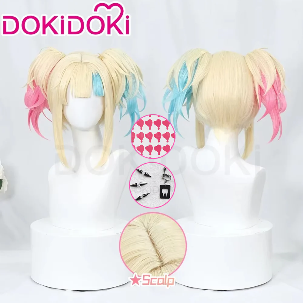 【Ready For Ship】DokiDok Anime Cosplay dyeing Wig / Tattoo Stickers/Earring  Long Curly Pink Blue Wig - Image 2