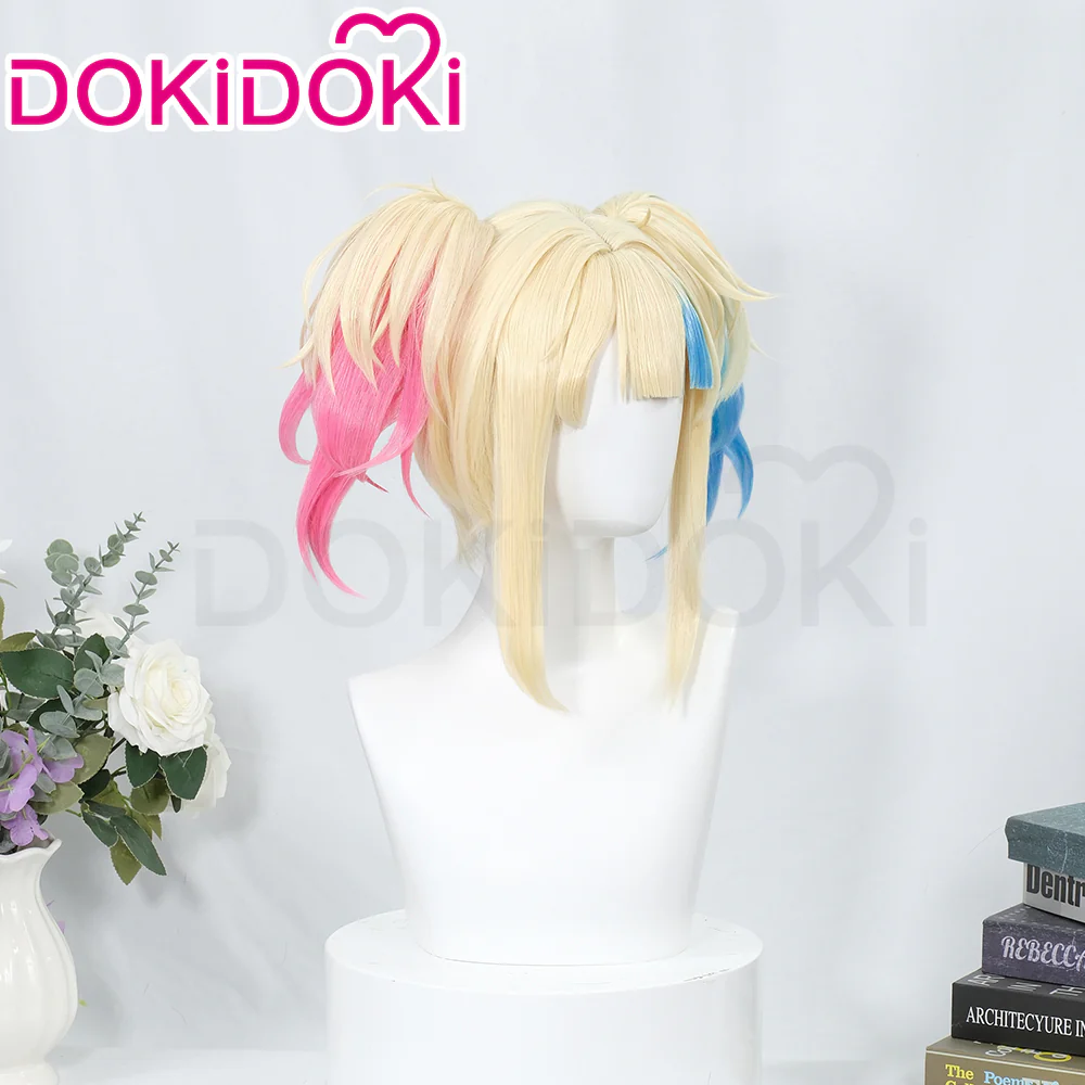 【Ready For Ship】DokiDok Anime Cosplay dyeing Wig / Tattoo Stickers/Earring  Long Curly Pink Blue Wig - Image 3