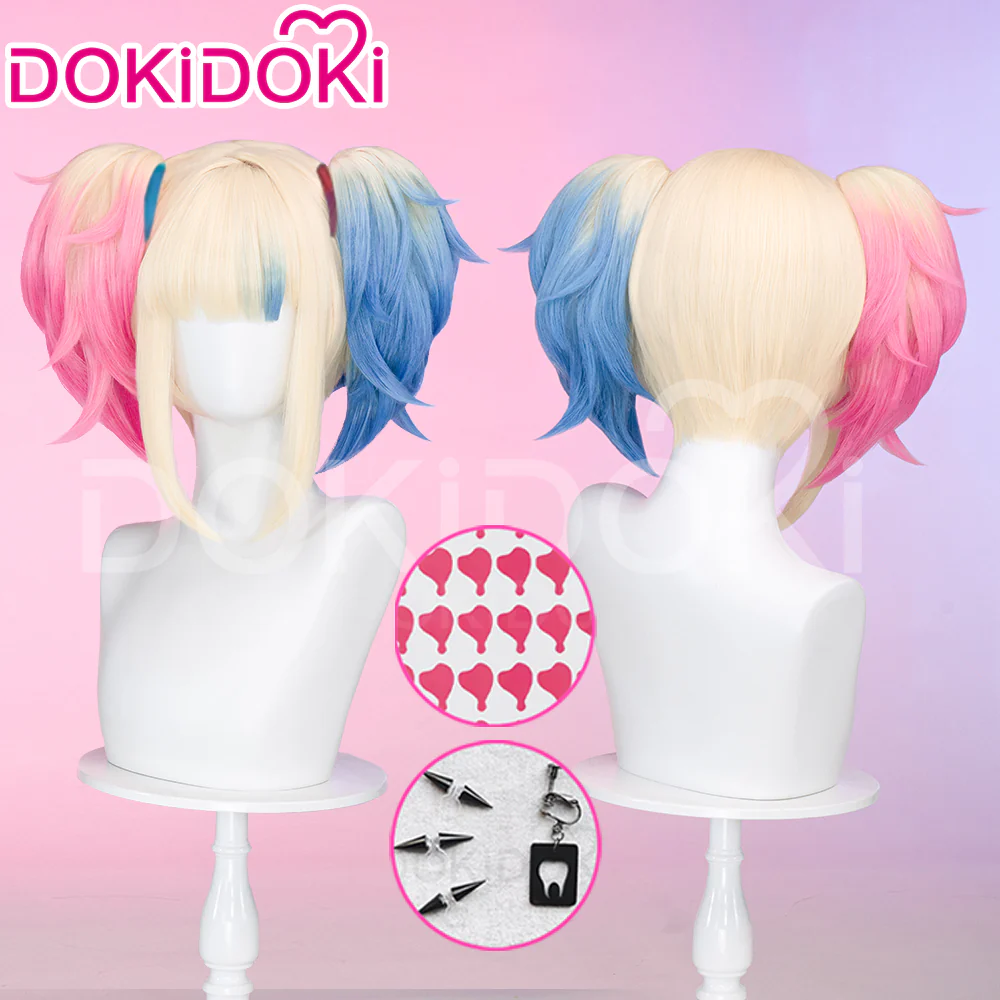 【Ready For Ship】DokiDok Anime Cosplay dyeing Wig / Tattoo Stickers/Earring  Long Curly Pink Blue Wig - Image 7