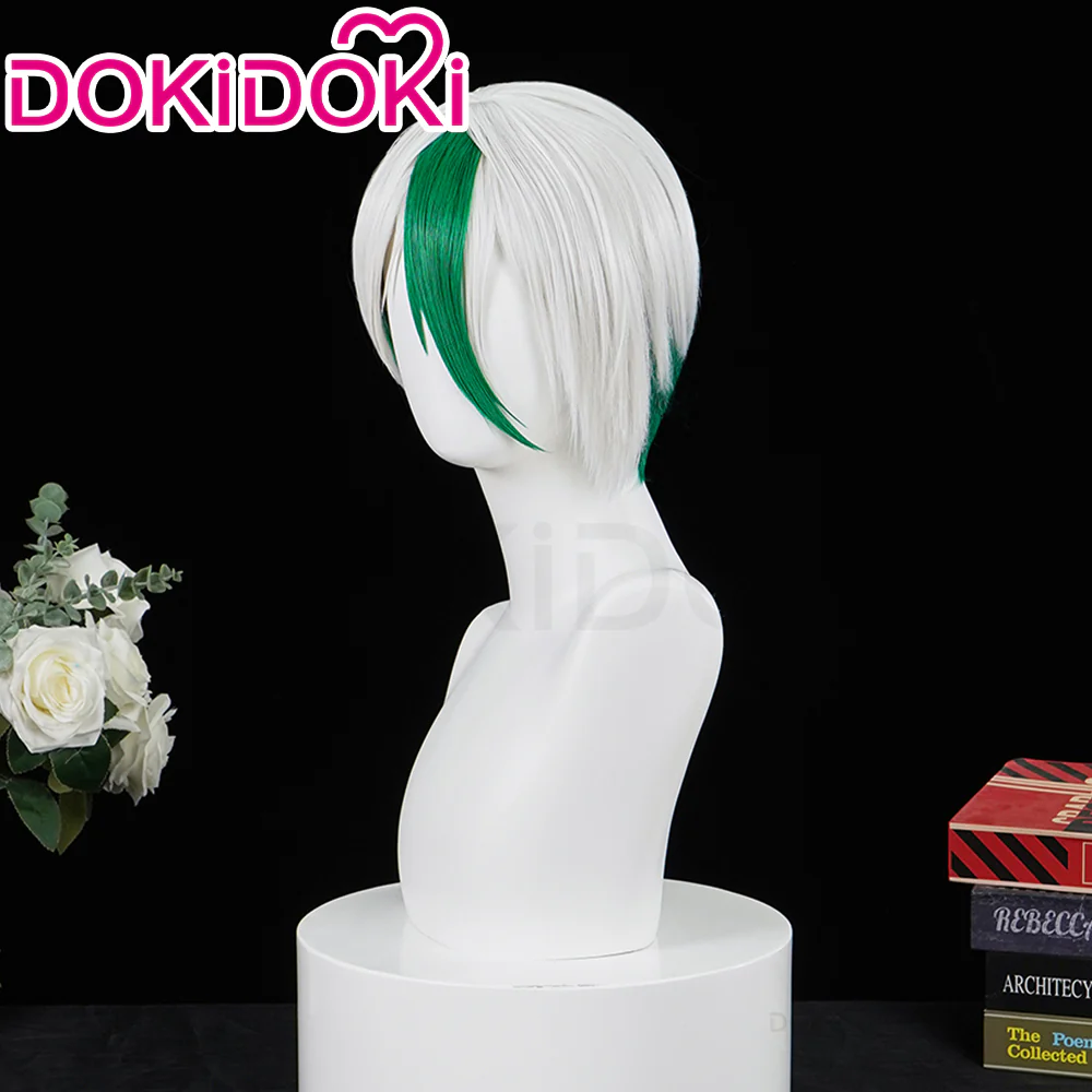 DokiDoki Anime Cosplay  Wig Short Straight White Green Hair - Image 2
