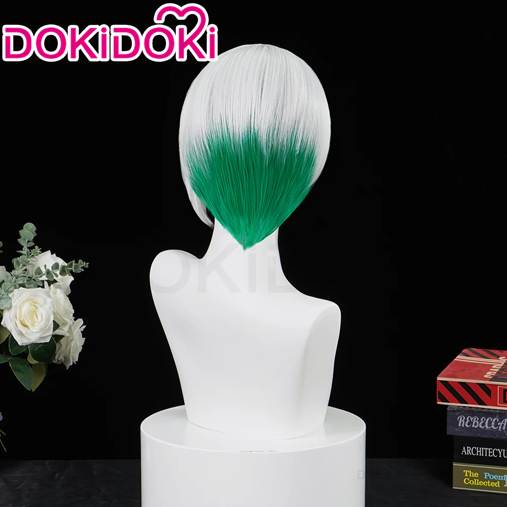 DokiDoki Anime Cosplay  Wig Short Straight White Green Hair - Image 3