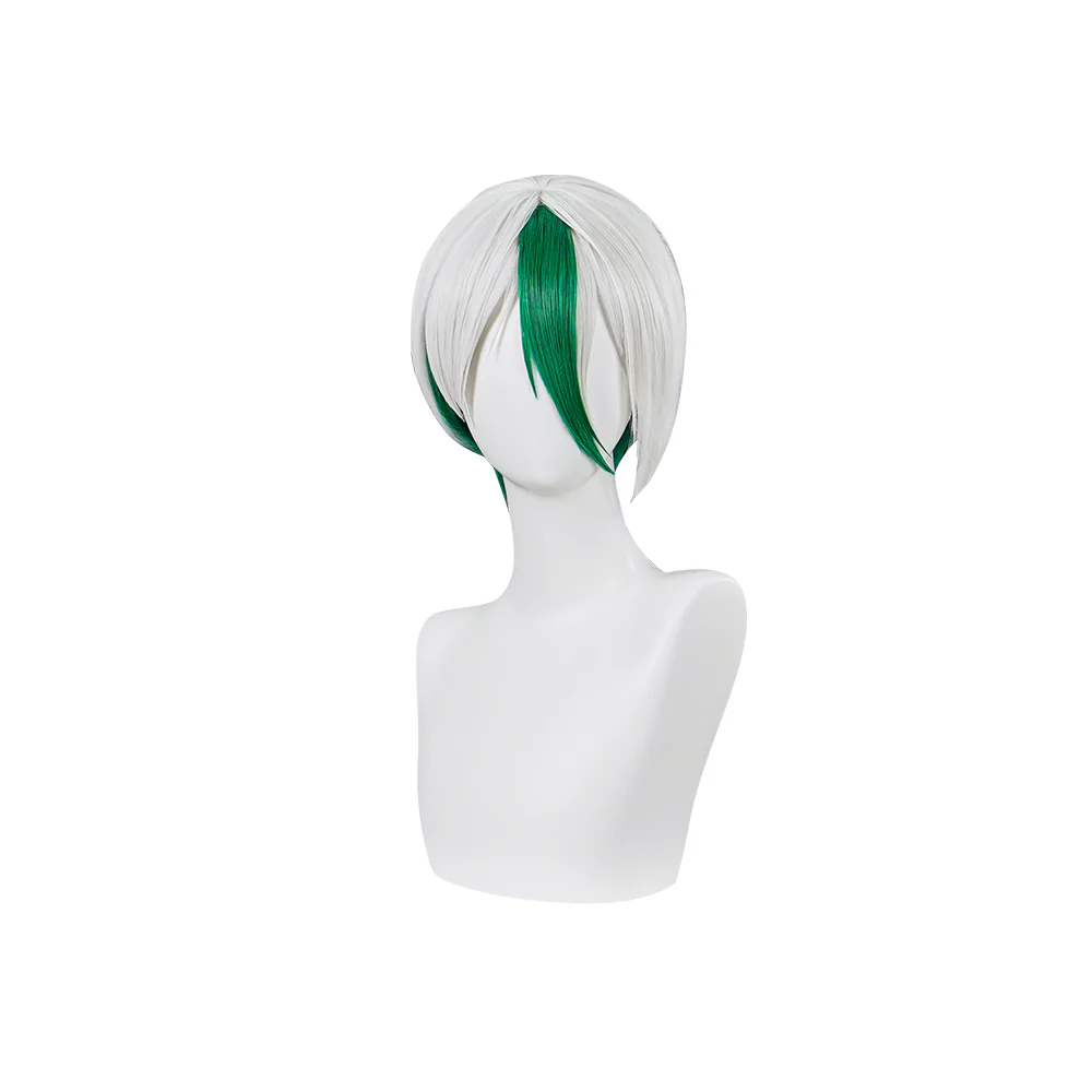 DokiDoki Anime Cosplay  Wig Short Straight White Green Hair - Image 5