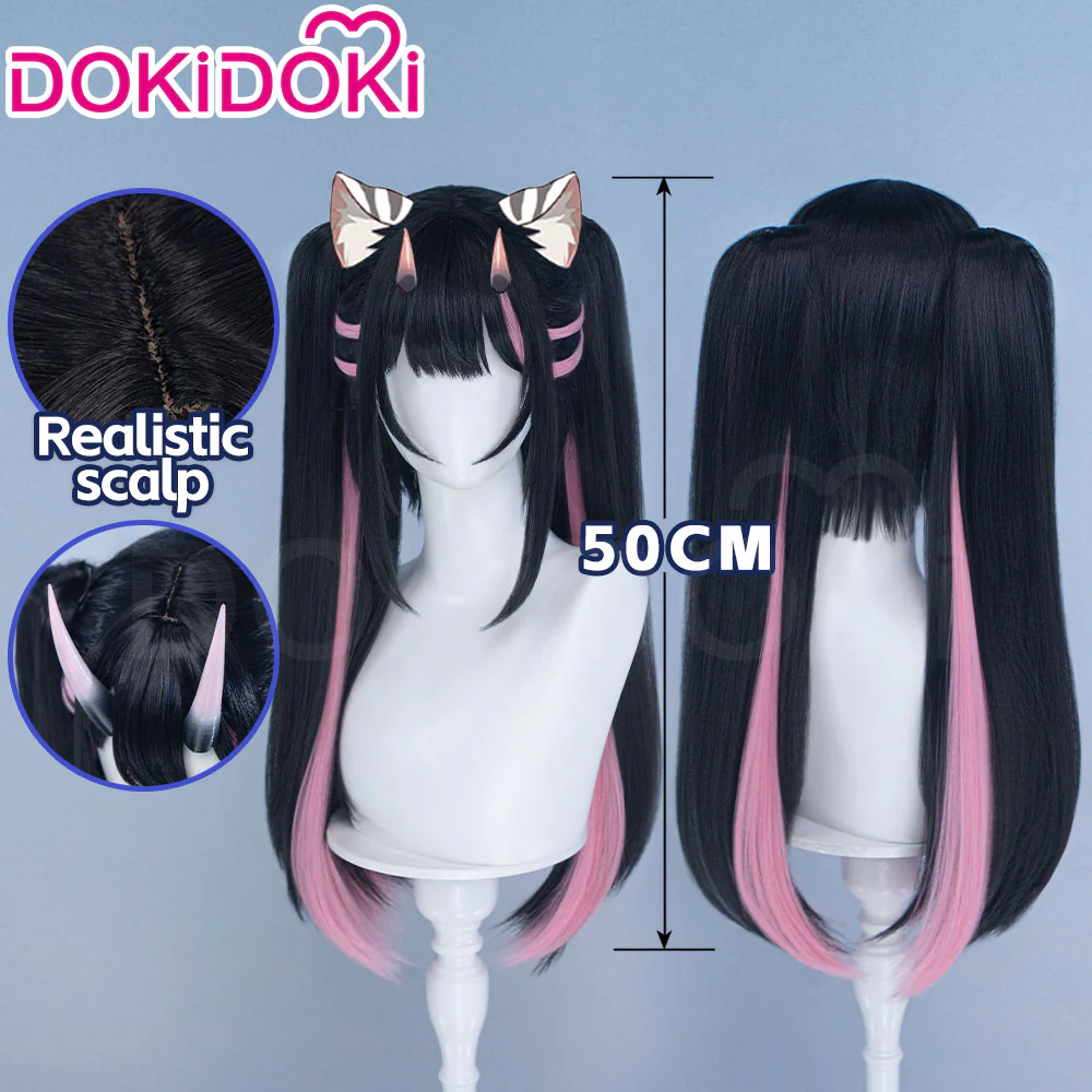 DokiDoki Anime Cosmic Princess Kaguya! Cosplay Komazawa Noi Wig Long Straight Black Pink Highlight Hair Twin Tails / Horn Accessory