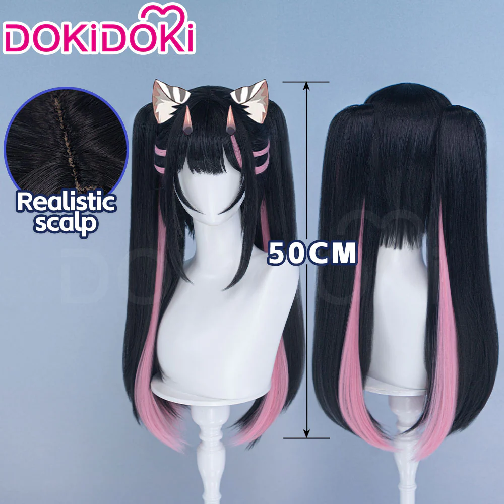 DokiDoki Anime Cosmic Princess Kaguya! Cosplay Komazawa Noi Wig Long Straight Black Pink Highlight Hair Twin Tails / Horn Accessory - Image 2