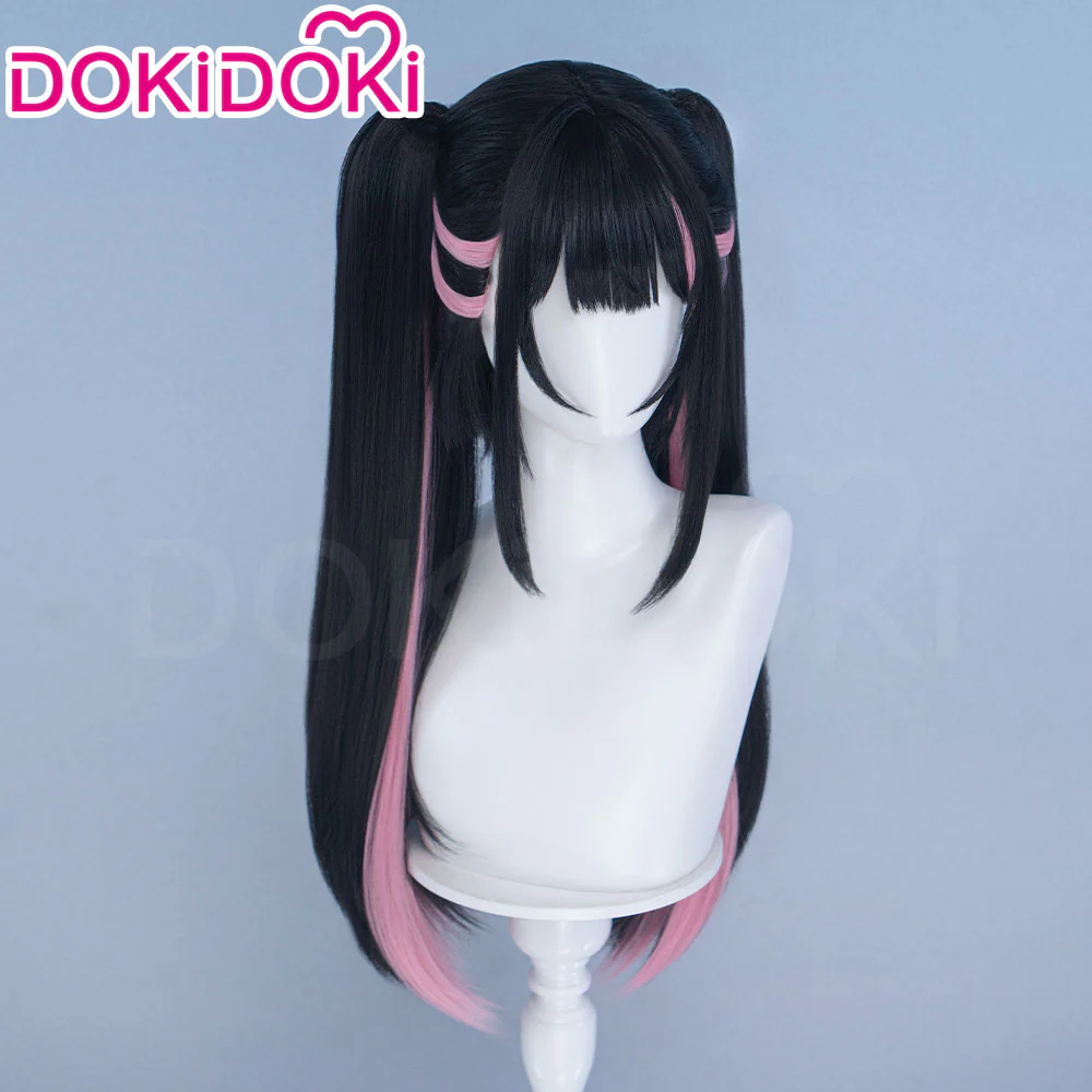 DokiDoki Anime Cosmic Princess Kaguya! Cosplay Komazawa Noi Wig Long Straight Black Pink Highlight Hair Twin Tails / Horn Accessory - Image 4