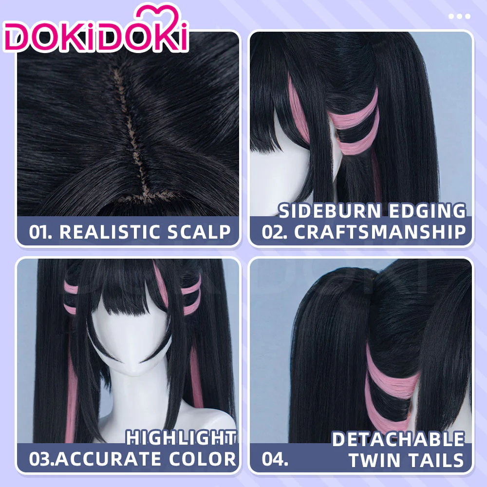 DokiDoki Anime Cosmic Princess Kaguya! Cosplay Komazawa Noi Wig Long Straight Black Pink Highlight Hair Twin Tails / Horn Accessory - Image 5