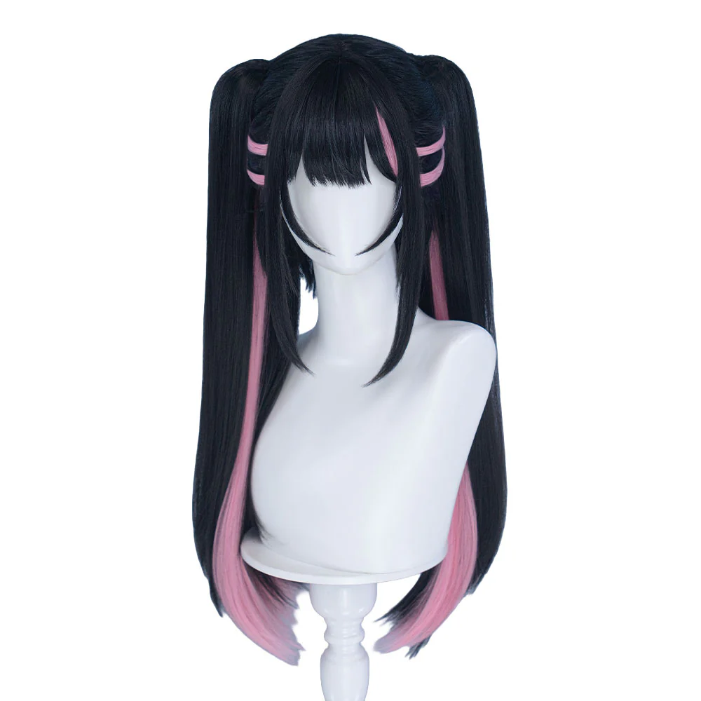 DokiDoki Anime Cosmic Princess Kaguya! Cosplay Komazawa Noi Wig Long Straight Black Pink Highlight Hair Twin Tails / Horn Accessory - Image 6
