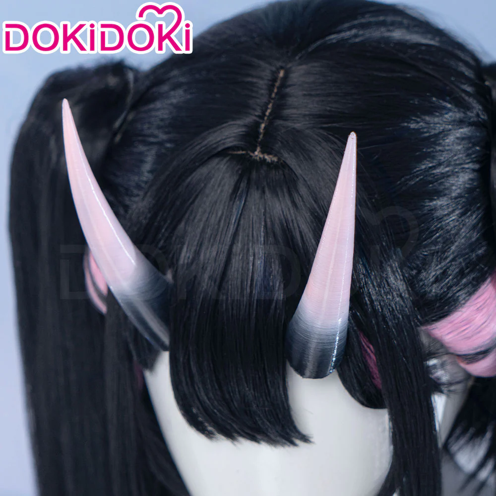 DokiDoki Anime Cosmic Princess Kaguya! Cosplay Komazawa Noi Wig Long Straight Black Pink Highlight Hair Twin Tails / Horn Accessory - Image 8