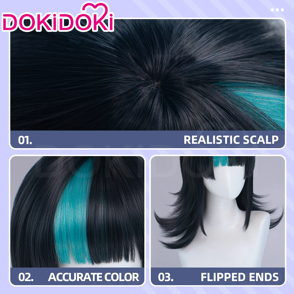 DokiDoki Anime Cosplay Wig Long Curly Black Cyan Highlight Hair - Image 4