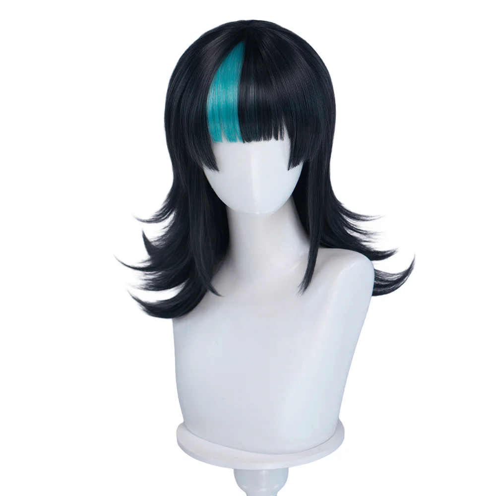 DokiDoki Anime Cosplay Wig Long Curly Black Cyan Highlight Hair - Image 5
