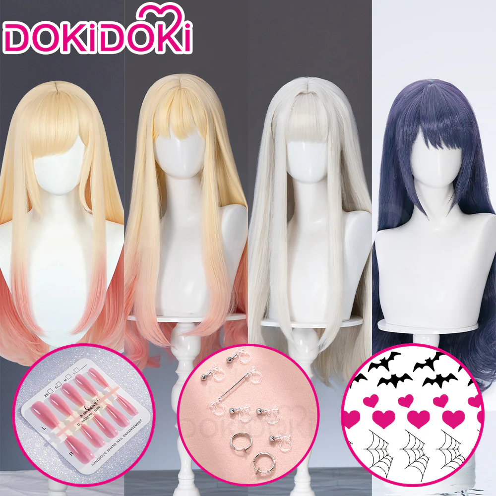 【Ready For Ship】DokiDoki Anime Cosplay Women Wig / Ear Clip / Tattoo Sticker Long Golden Pink Gradient Silver Purple Hair Bunny Girl