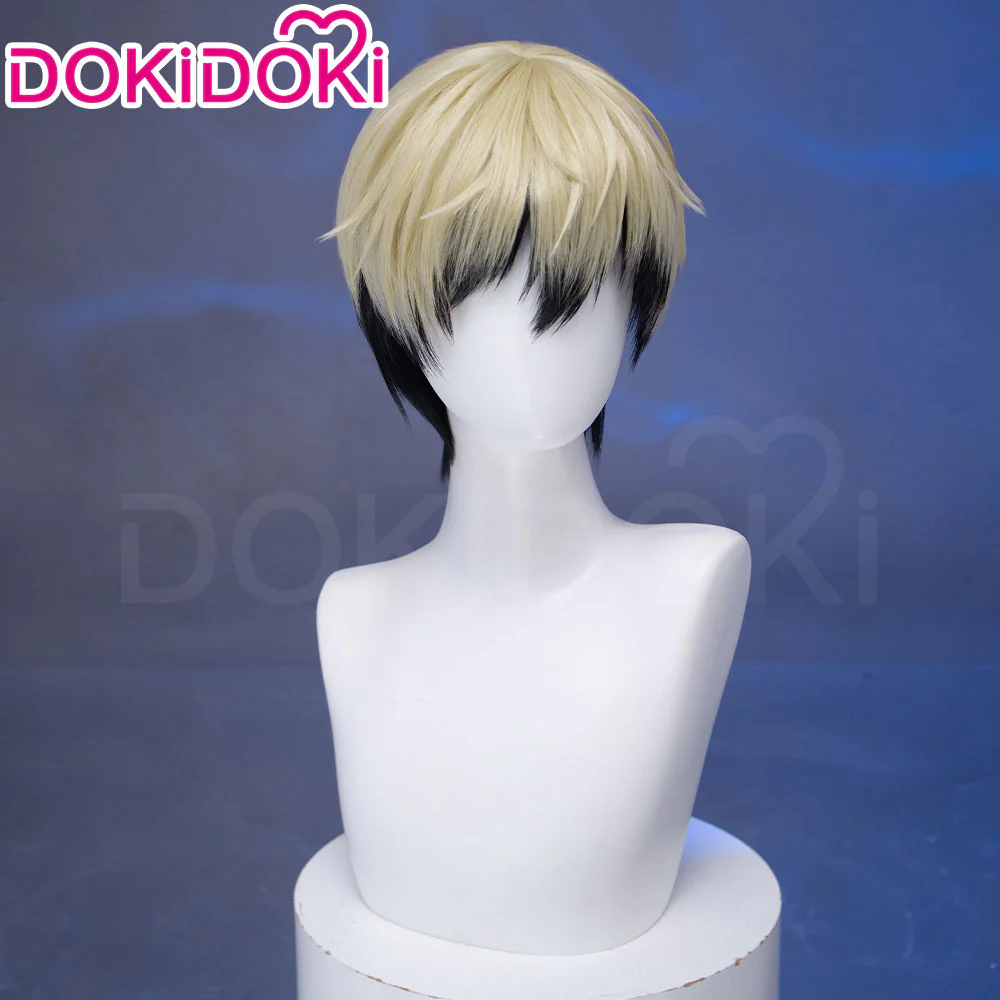 DokiDoki Anime Cosplay Wig Short Blonde Green Black Layered Hair - Image 3