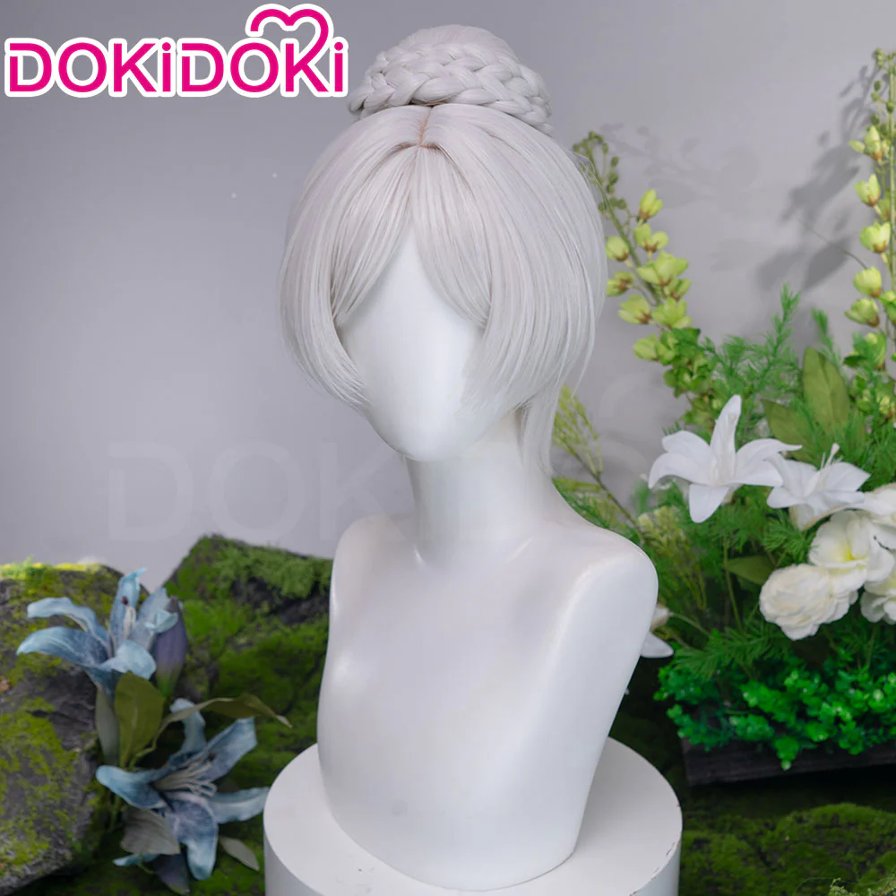 DokiDoki Anime Manga Cosplay Wig Short Straight Silver Hair Braided Bun Updo Twin Braids - Image 3
