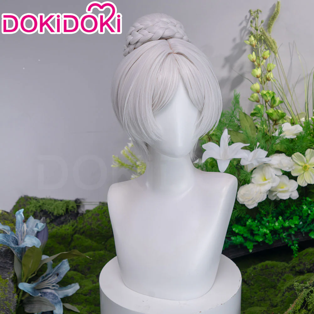 DokiDoki Anime Manga Cosplay Wig Short Straight Silver Hair Braided Bun Updo Twin Braids - Image 4