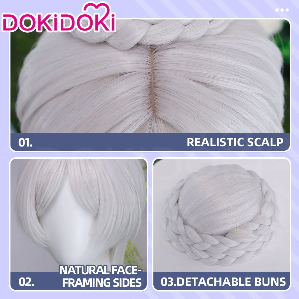 DokiDoki Anime Manga Cosplay Wig Short Straight Silver Hair Braided Bun Updo Twin Braids - Image 5