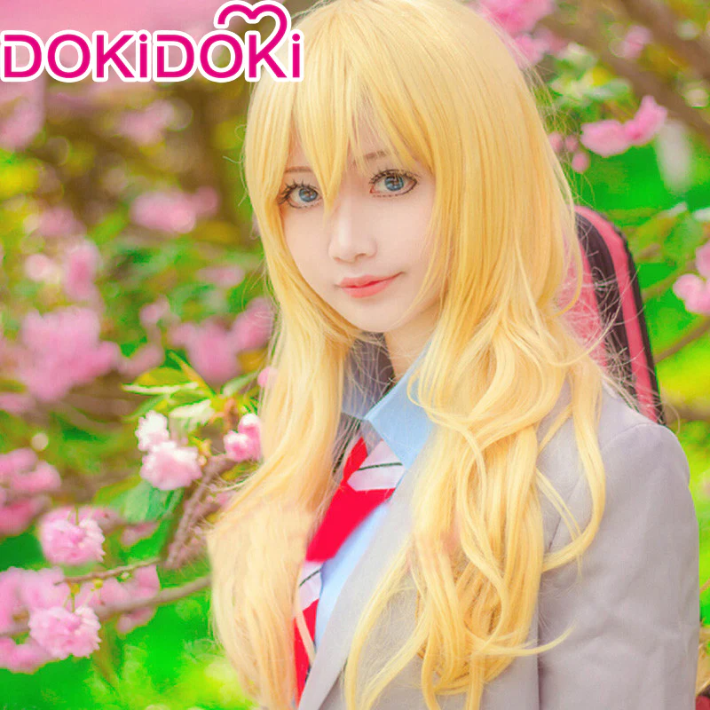 【Ready For Ship】DokiDoki Anime Your Lie in April Cosplay Miyazono Kaori Cosplay Wig Blonde Long Curly Hair