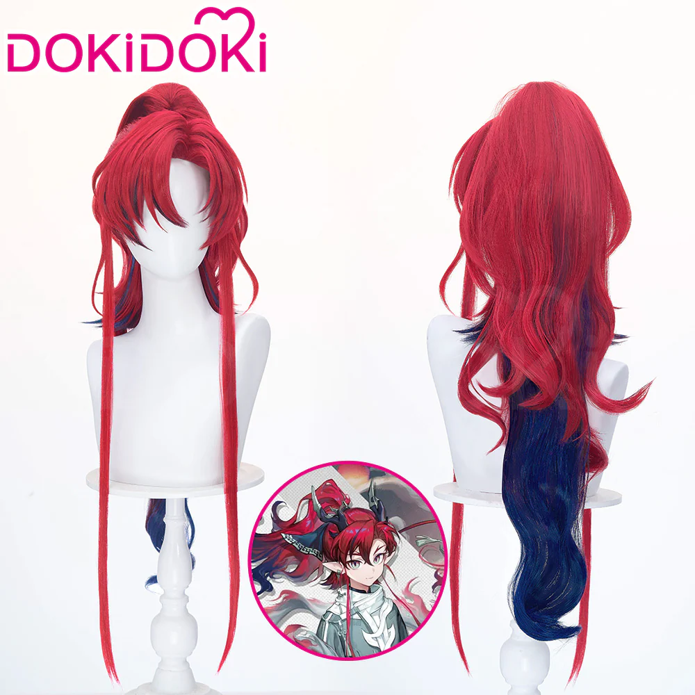 【Ready For Ship】DokiDoki Game Arknights Cosplay Yu Wig Long Curly Red Dark Blue Hair Ponytail