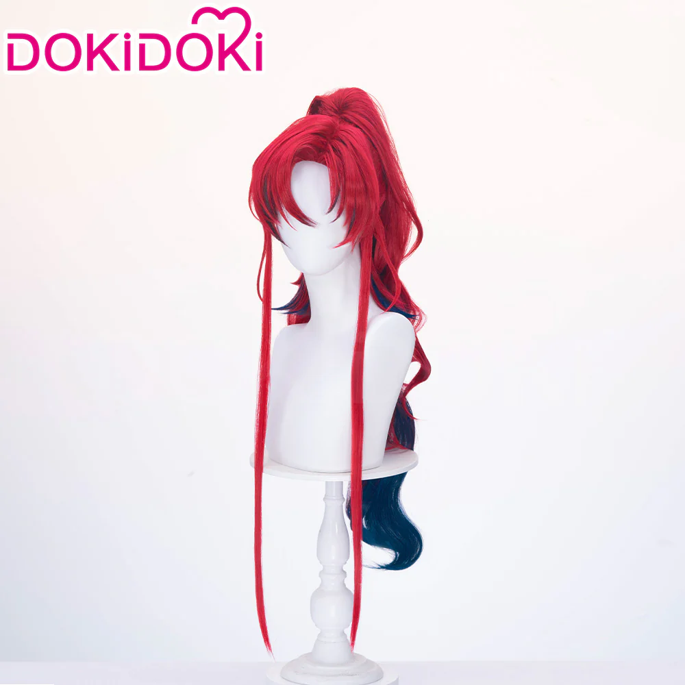 【Ready For Ship】DokiDoki Game Arknights Cosplay Yu Wig Long Curly Red Dark Blue Hair Ponytail - Image 2