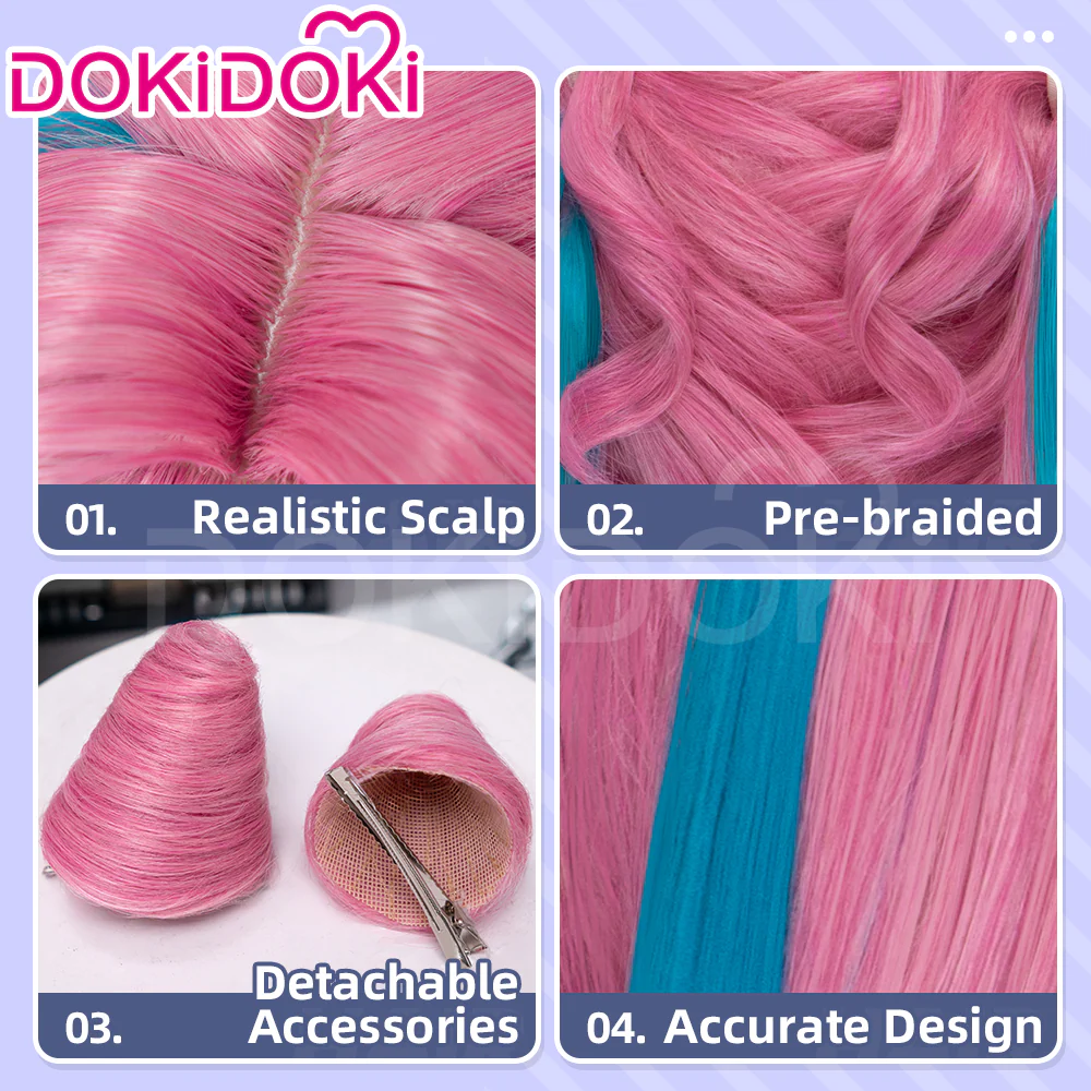 DokiDoki Game Arknights: Endfield Cosplay Yvonne Wig Long Curly Pink Blue Highlight Hair Pigtails - Image 4