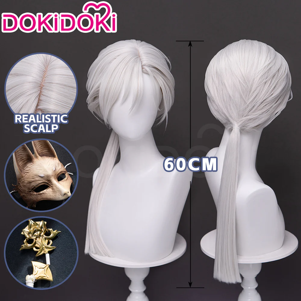 【Ready For Ship】DokiDoki Game Cosplay Fox Guy Wig / Mask / Earring Long Straight Ponytail White Hair