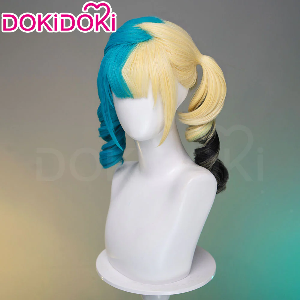 DokiDoki Game Cosplay Trainer Wig Long Curly Blue Blonde Black Highlight Hair Pigtails Z-Shaped - Image 2