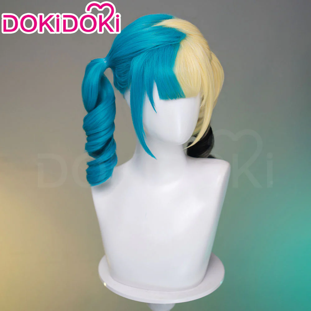 DokiDoki Game Cosplay Trainer Wig Long Curly Blue Blonde Black Highlight Hair Pigtails Z-Shaped - Image 3
