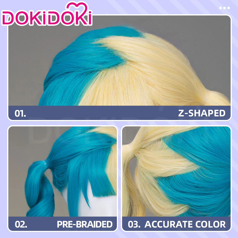 DokiDoki Game Cosplay Trainer Wig Long Curly Blue Blonde Black Highlight Hair Pigtails Z-Shaped - Image 4