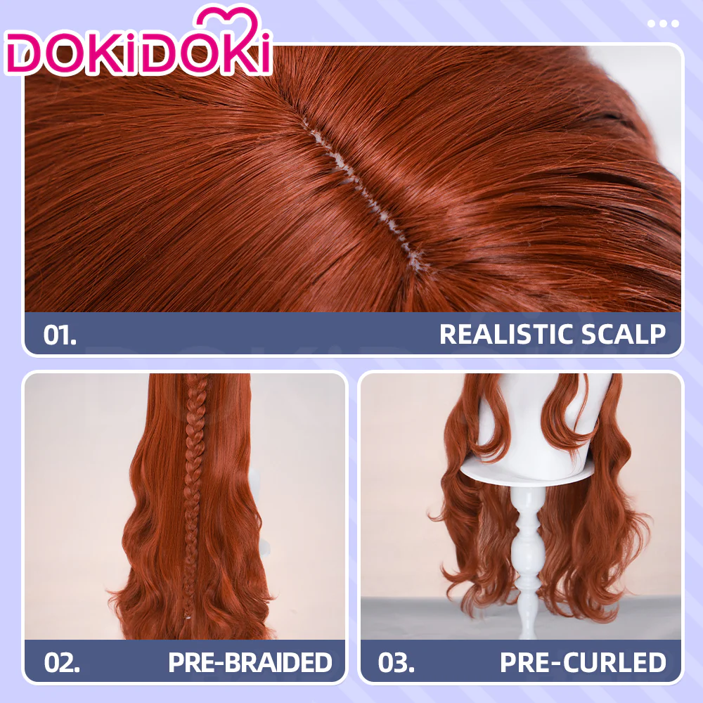 DokiDoki Game Cosplay Wig Long Curly Dark Red Hair - Image 4