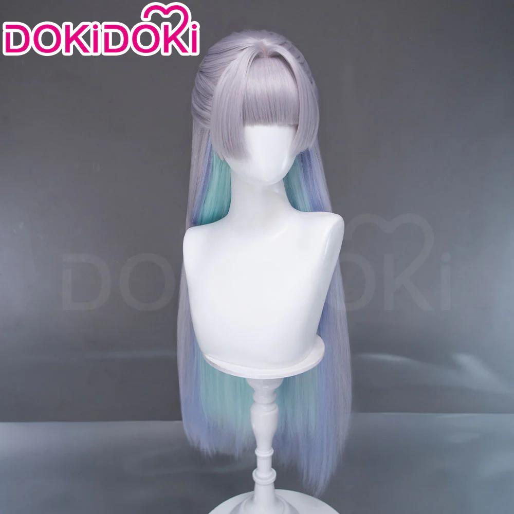 DokiDoki Game Cosplay Wig Long Straight Gradient Sliver Green Blue Hair - Image 3