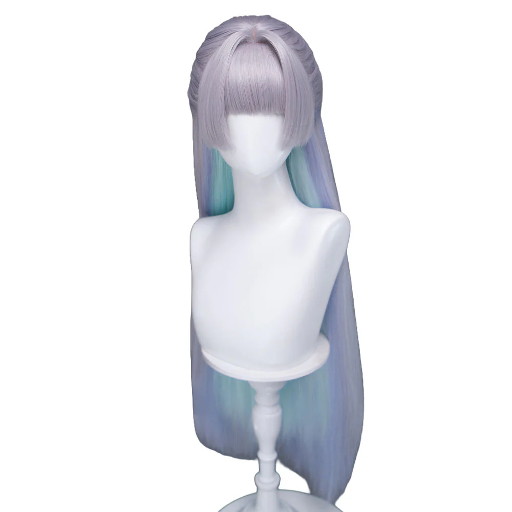 DokiDoki Game Cosplay Wig Long Straight Gradient Sliver Green Blue Hair - Image 5