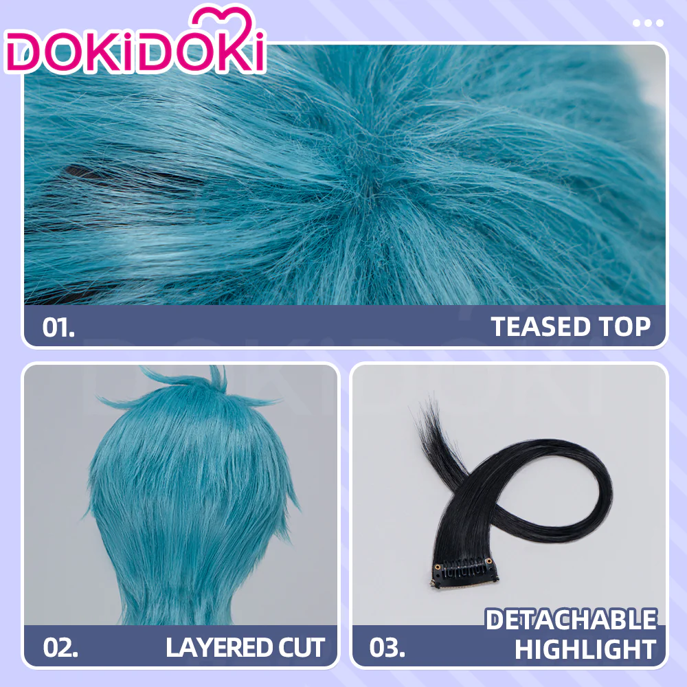 DokiDoki Game Cosplay Wig Short Blue Black Highlight Hair - Image 4