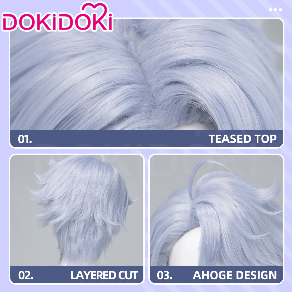 DokiDoki Game Cosplay Wig Short Curly Blue Gray Hair Octopus - Image 4