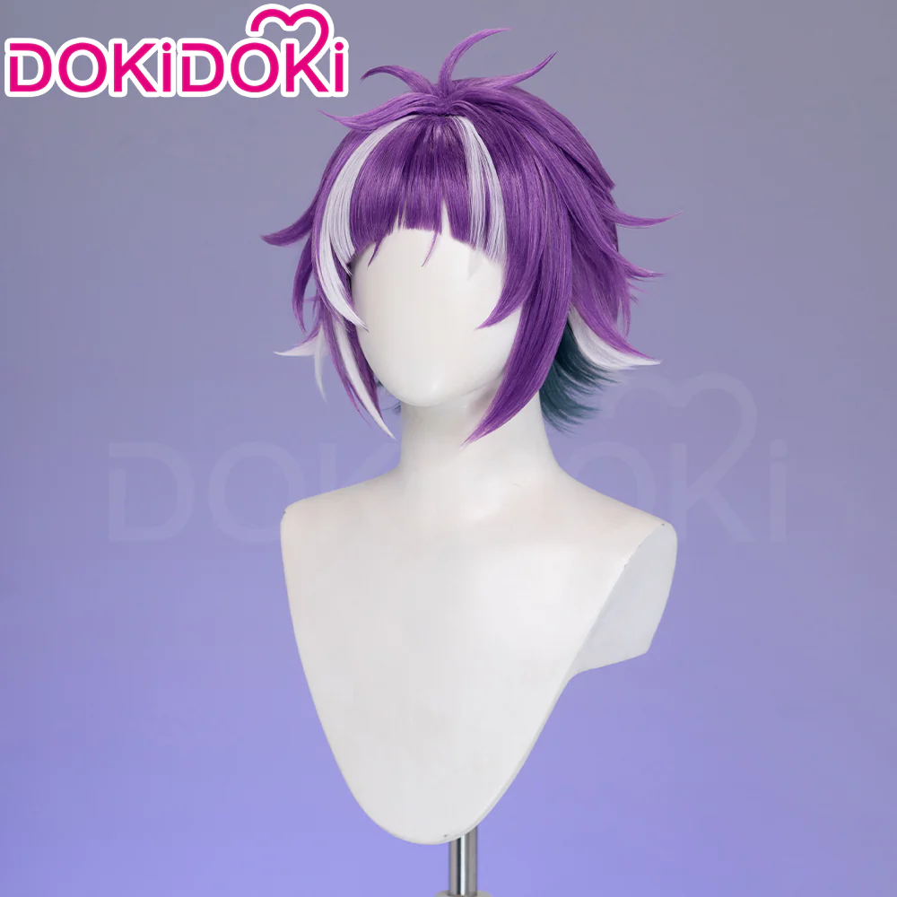 【Ready For Ship】DokiDoki Game Cosplay Wig Short Curly Purple White Green Highlight Hair - Image 2