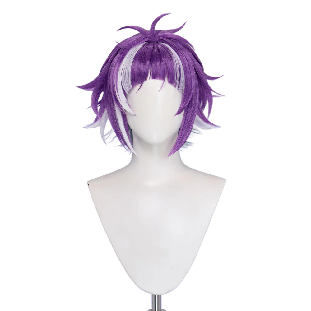 【Ready For Ship】DokiDoki Game Cosplay Wig Short Curly Purple White Green Highlight Hair - Image 5