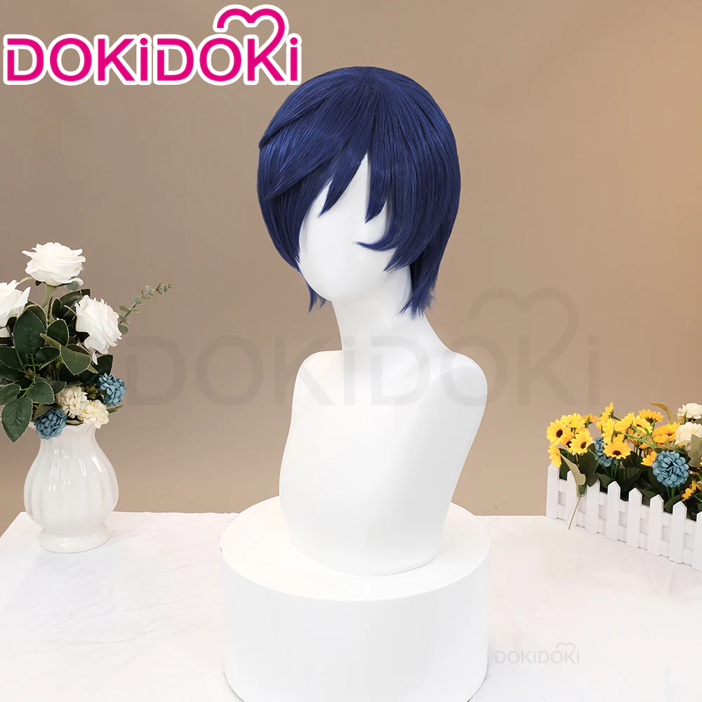 DokiDoki Game Cosplay Wig Short Straight Blue Hair Men - Image 2