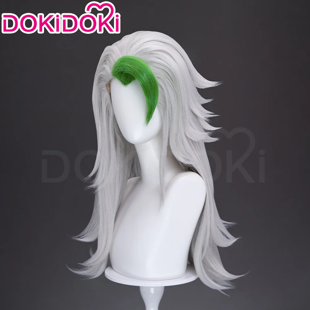 DokiDoki Game Cosplay Wolf Wig Long Curly Silver Hair Green Highlight - Image 2