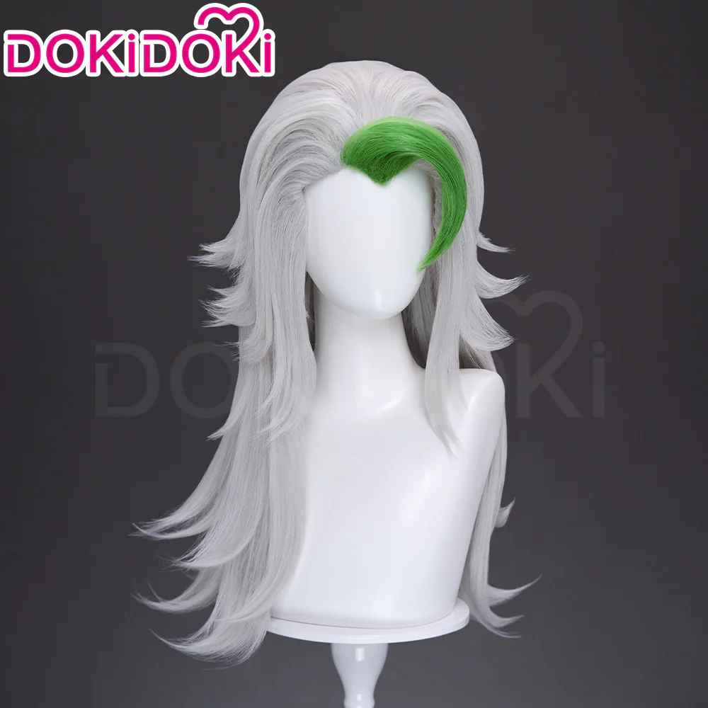 DokiDoki Game Cosplay Wolf Wig Long Curly Silver Hair Green Highlight - Image 3