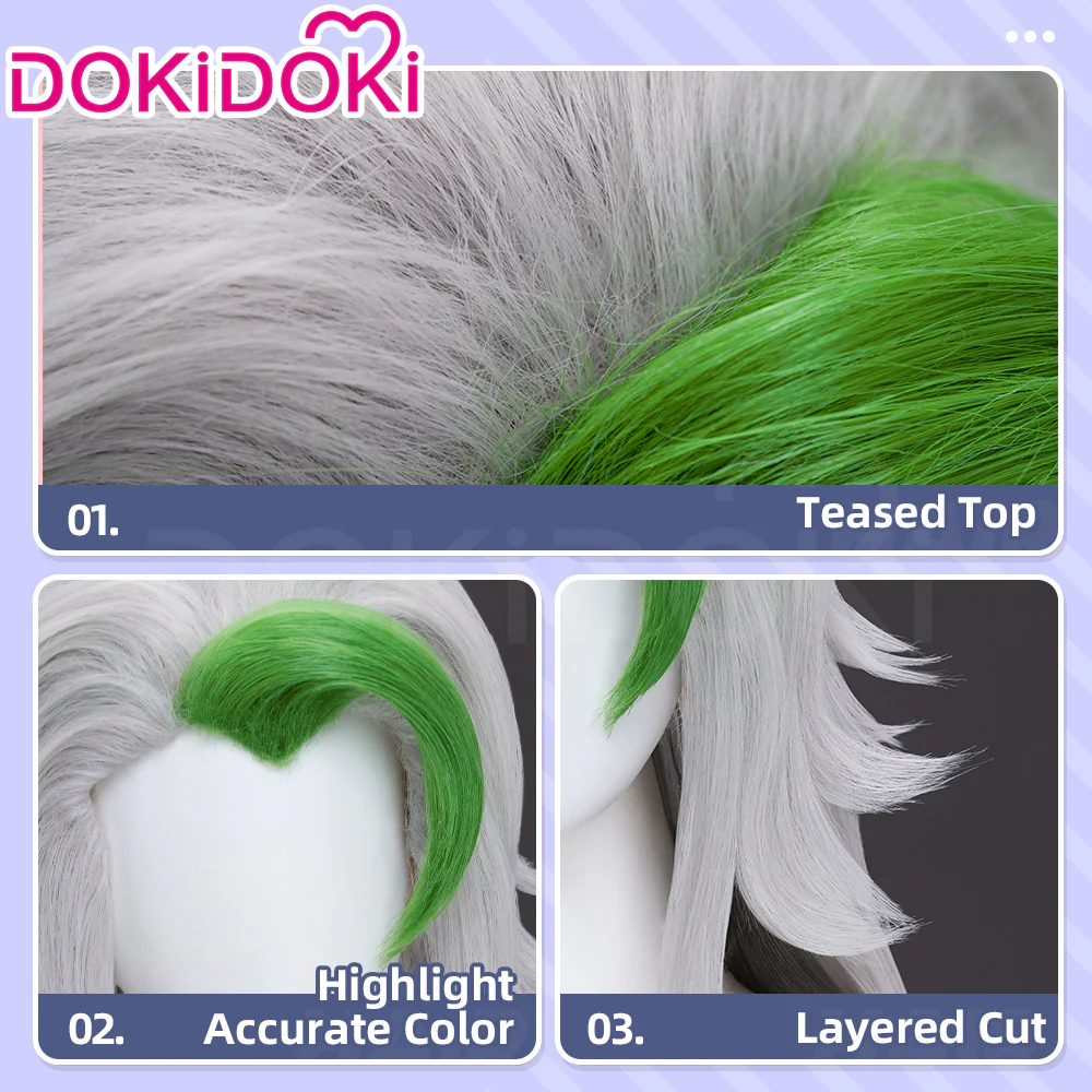 DokiDoki Game Cosplay Wolf Wig Long Curly Silver Hair Green Highlight - Image 4