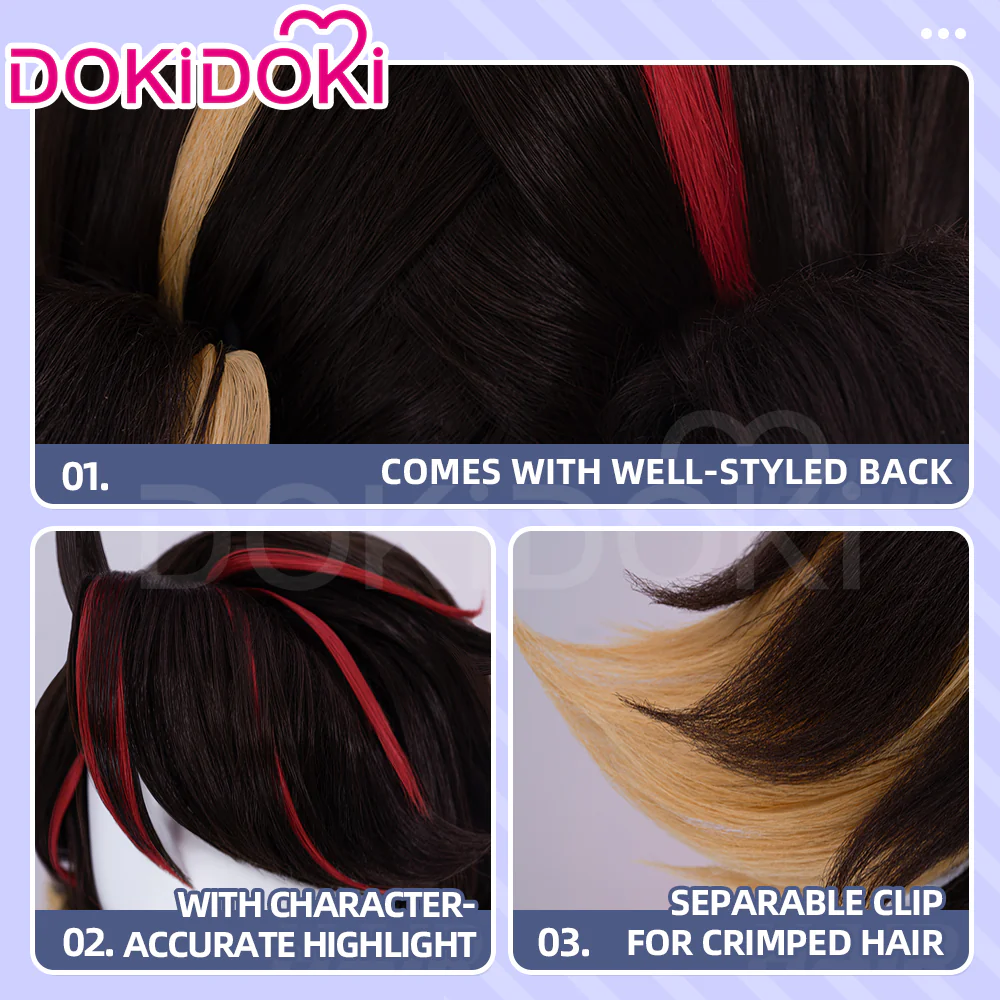 【Ready For Ship】Dokidoki Game Cosplay Woman Wig Short Curly Black Hair Light Brown Red Highlights - Image 4