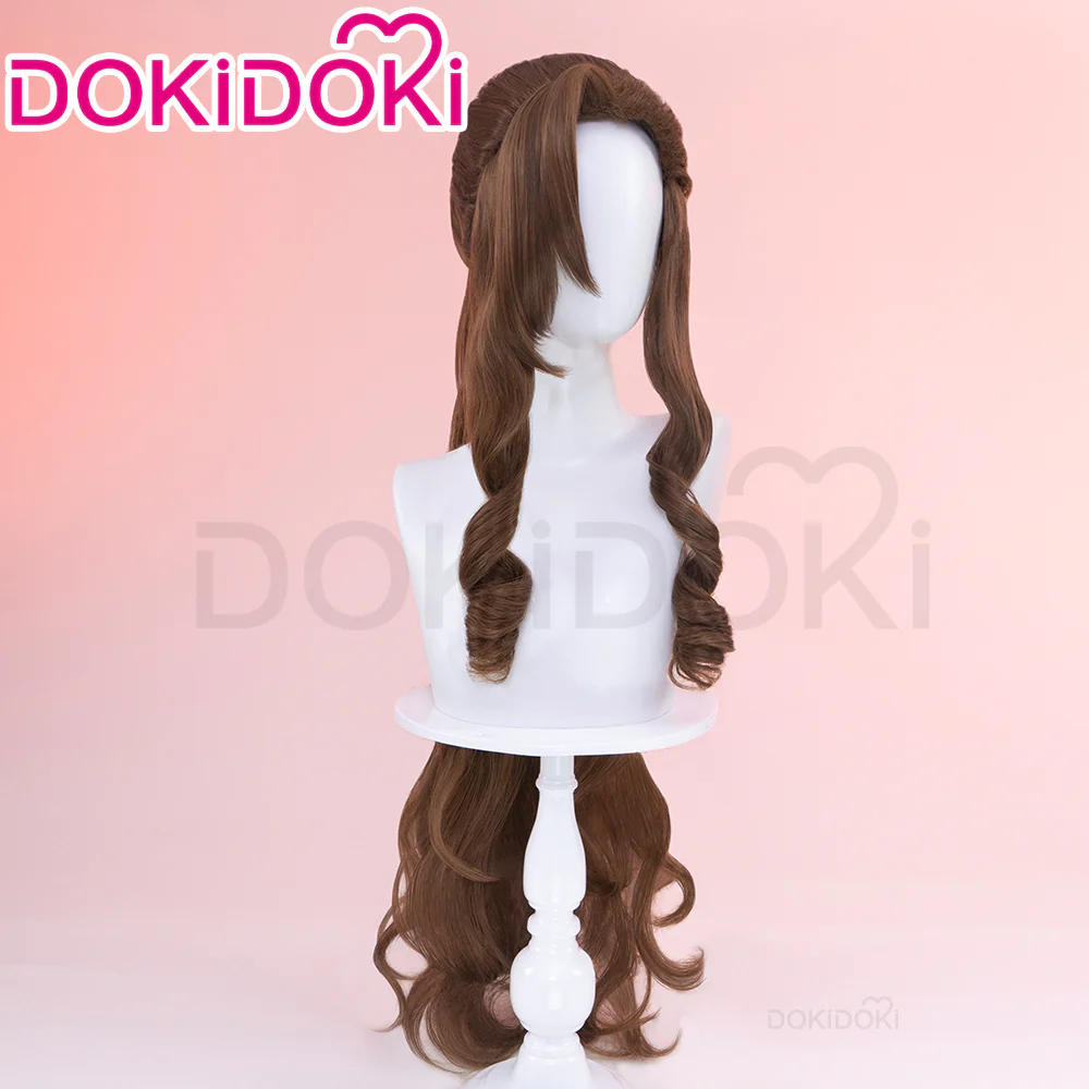 【Ready For Ship】DokiDoki Game Cosplay Aeriith Wig Brown Long Pony Tail Curly Hari Women - Image 3
