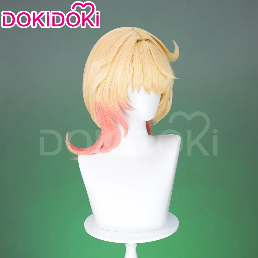 DokiDoki Game Genshin Impact Cosplay Emilie Wig Short Curly Yellow Pink Hair Fontaine / Perfume bottle Necklace / Glasses Prop - Image 2