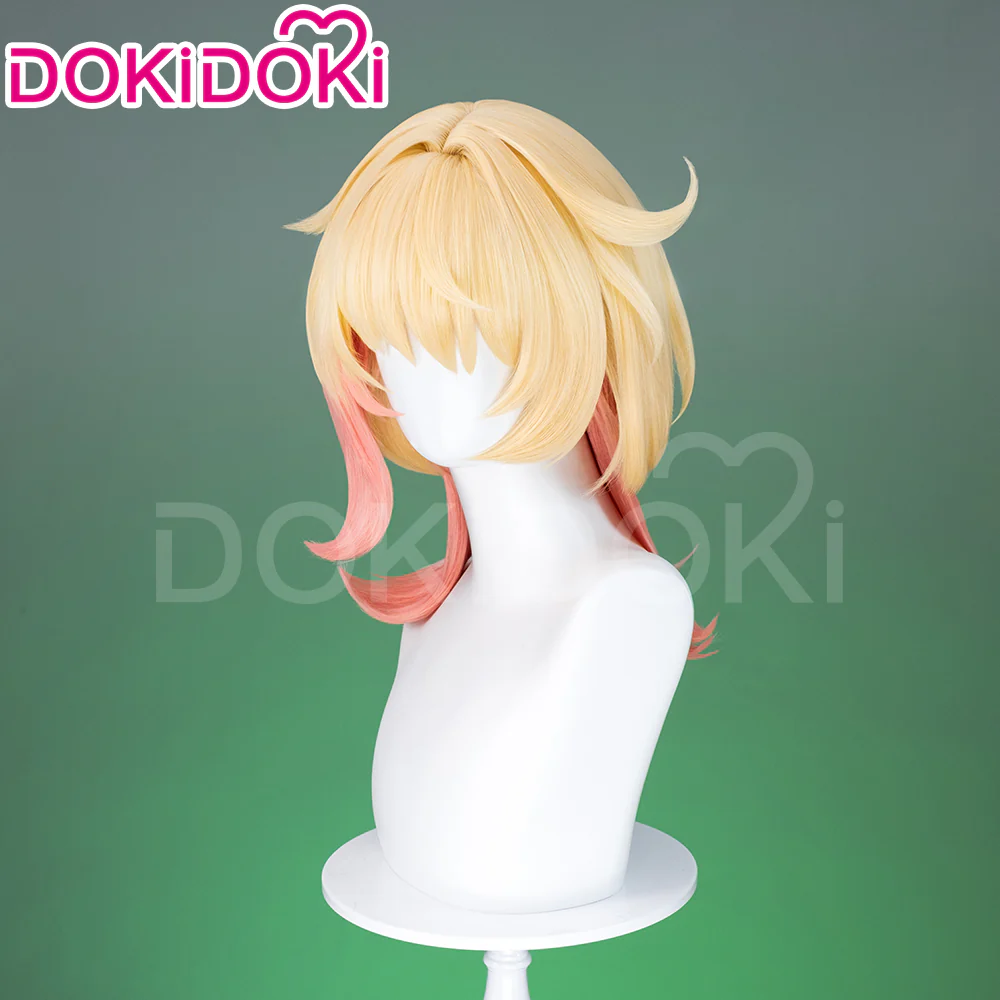 DokiDoki Game Genshin Impact Cosplay Emilie Wig Short Curly Yellow Pink Hair Fontaine / Perfume bottle Necklace / Glasses Prop - Image 3
