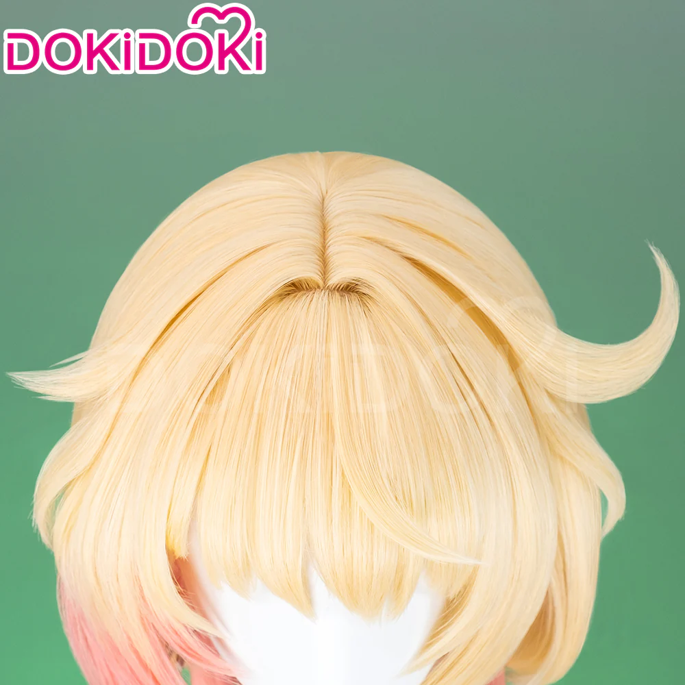 DokiDoki Game Genshin Impact Cosplay Emilie Wig Short Curly Yellow Pink Hair Fontaine / Perfume bottle Necklace / Glasses Prop - Image 4