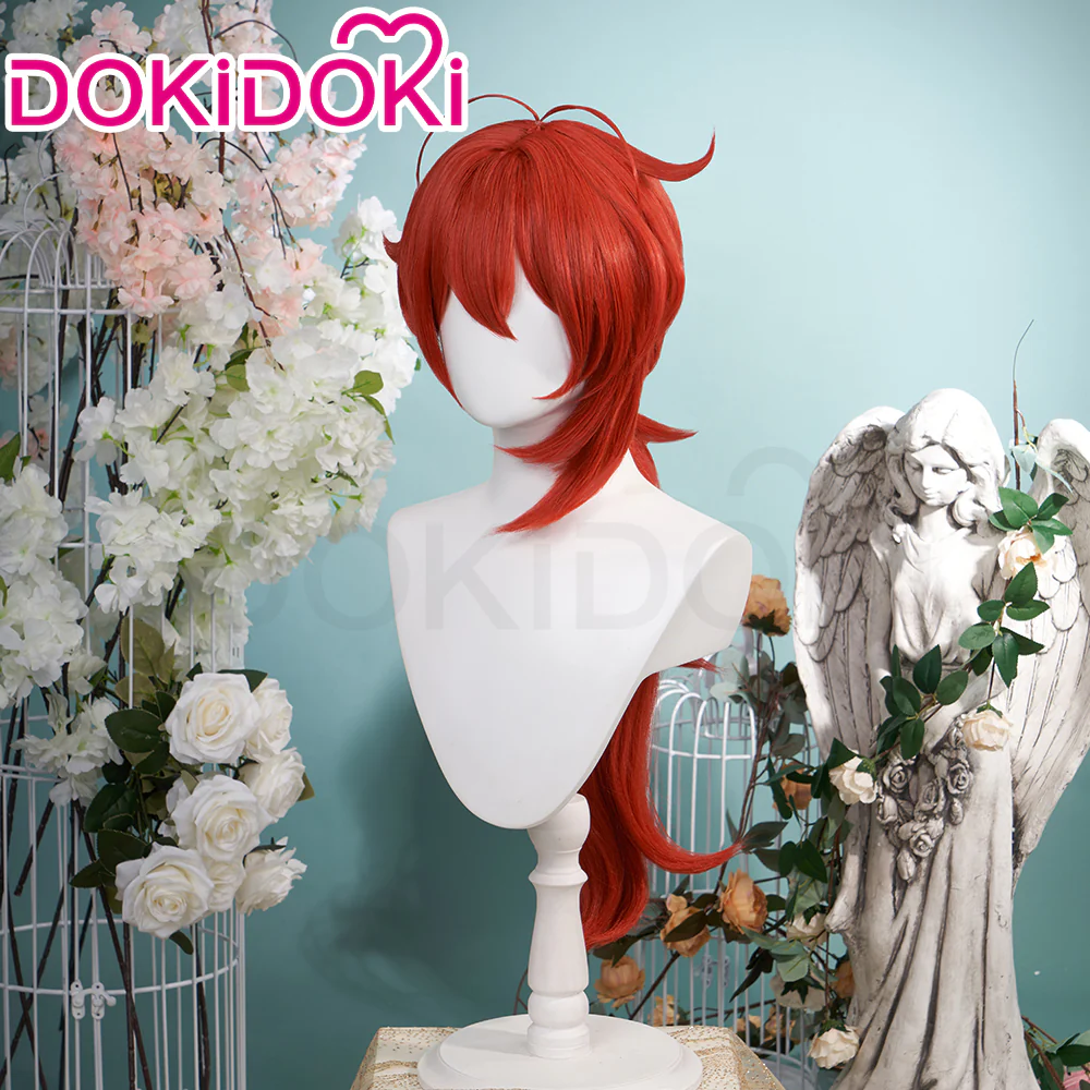 【Ready For Ship】DokiDoki Game Genshin Impact Cosplay Diluc Wig Men Long Red - Image 2