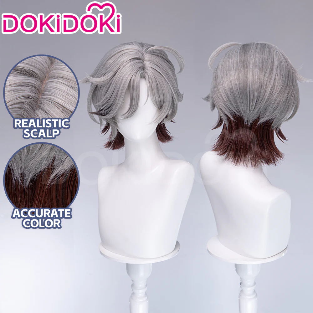 DokiDoki Game Genshin Impact Cosplay Illuga Wig Short Grey Brown Hair
