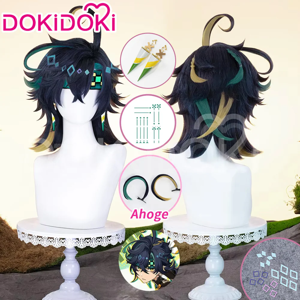 【Ready For Ship】DokiDoki Game Genshin Impact Cosplay Kinich Wig Short Black Green / Yellow Highlights Hair / Tattoo Sticker / Ear Clip / Head Accessories / Weft Natlan